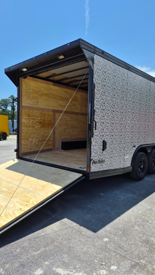 8.5×20 Enclosed Car Hauler for Sale – Camouflage | Extended Tongue | Ramp Door | 7' Interior