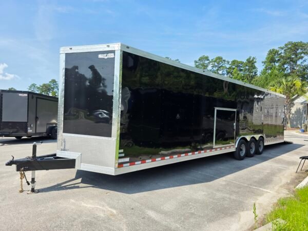 8.5×36 Enclosed Car Hauler for Sale – Black | Triple Axle | 7'6" Interior | RV Escape Door | E-Track | Race Trailer