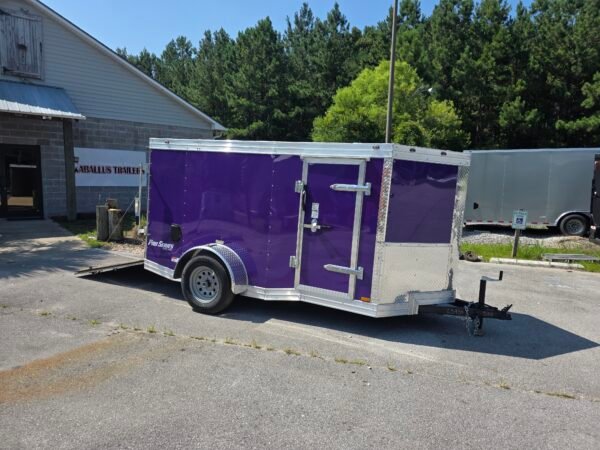 5×10 Enclosed Cargo Trailer for Sale – Purple | Ramp Door | 2990 lb Axles | Utility Trailer