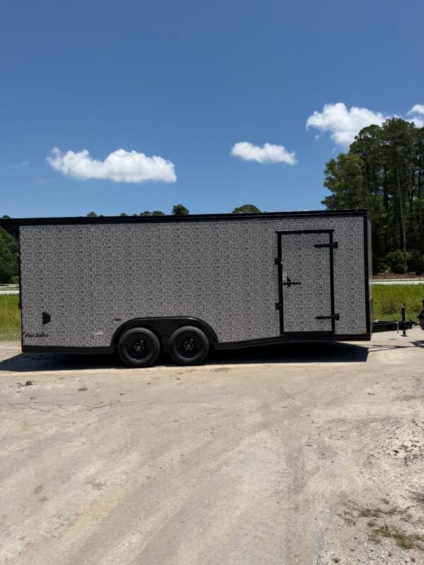 8.5×20 Enclosed Car Hauler for Sale – Camouflage | Extended Tongue | Ramp Door | 7' Interior