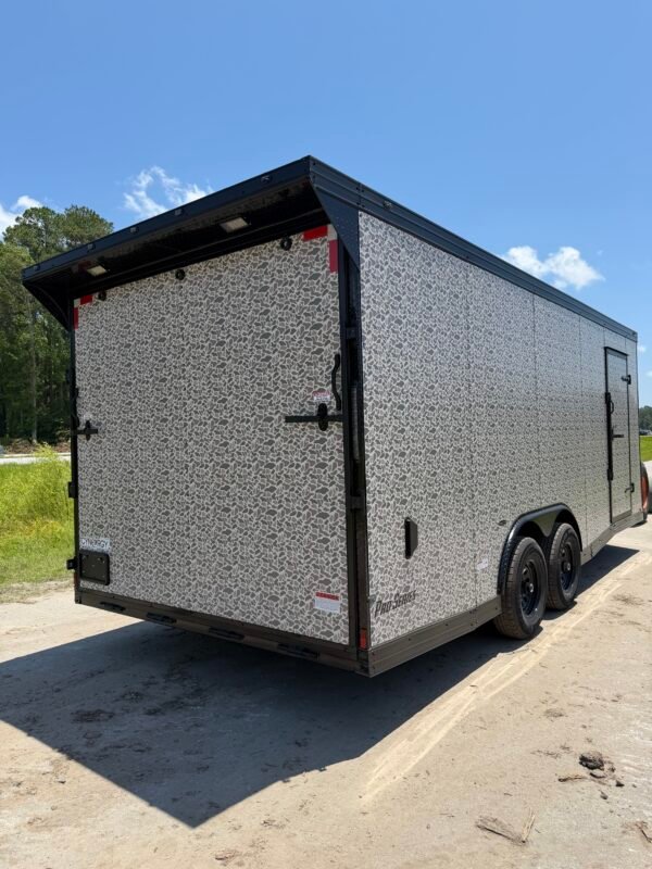 8.5×20 Enclosed Car Hauler for Sale – Camouflage | Extended Tongue | Ramp Door | 7' Interior