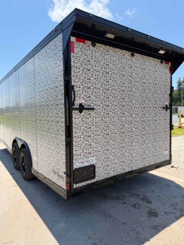 8.5×20 Enclosed Car Hauler for Sale – Camouflage | Extended Tongue | Ramp Door | 7' Interior