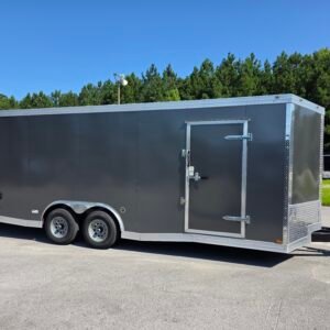 8.5×20 Enclosed Car Hauler for Sale – Charcoal Gray | 7' Interior | Ramp Door | Heavy-Duty Trailer