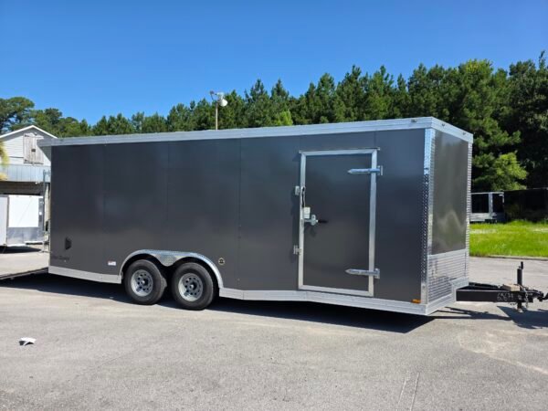 8.5×20 Enclosed Car Hauler for Sale – Charcoal Gray | 7' Interior | Ramp Door | Heavy-Duty Trailer