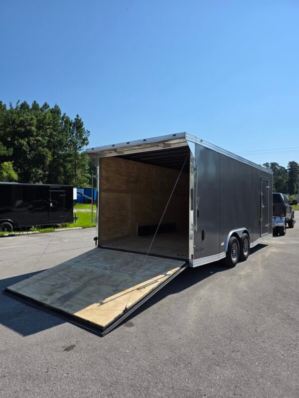 8.5×20 Enclosed Car Hauler for Sale – Charcoal Gray | 7' Interior | Ramp Door | Heavy-Duty Trailer