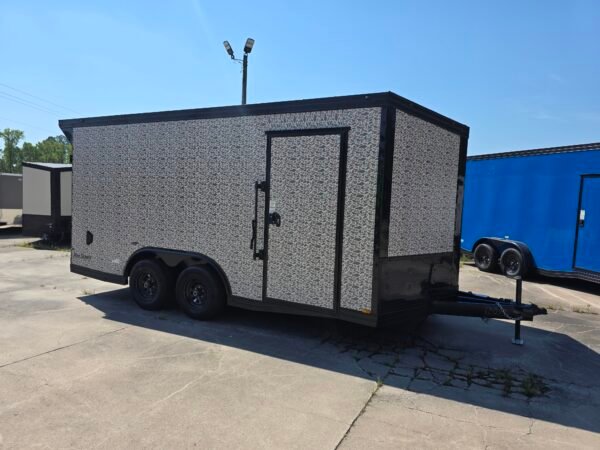 8.5×16 Enclosed Car Hauler for Sale – Camouflage | 7' Interior | Ramp Door | Heavy-Duty Trailer