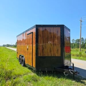 8.5×16 Enclosed Wood Grain Car Hauler for Sale – Ramp Door | 7' Interior | Heavy-Duty Trailer