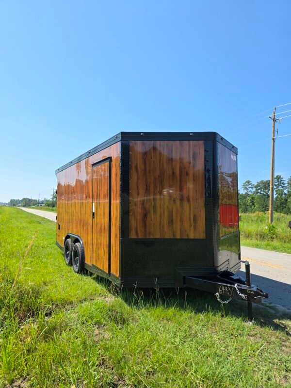 8.5×16 Enclosed Wood Grain Car Hauler for Sale – Ramp Door | 7' Interior | Heavy-Duty Trailer