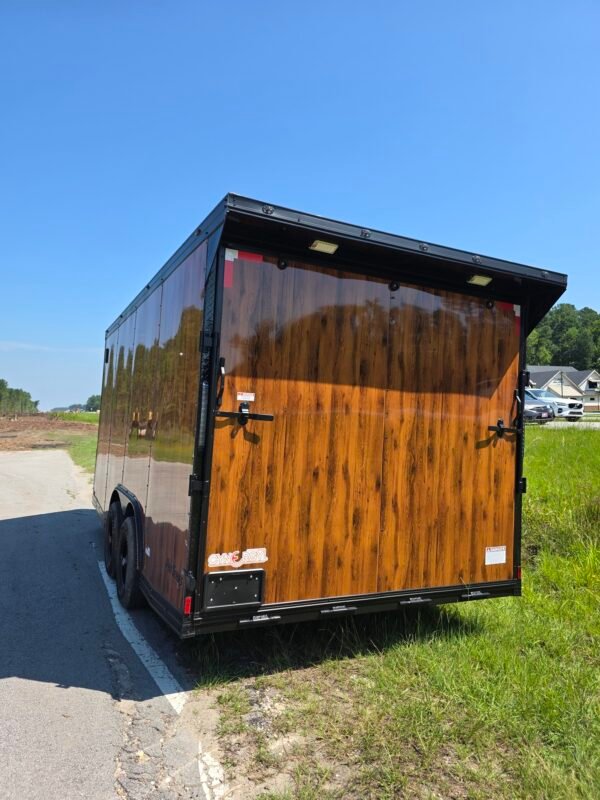 8.5×16 Enclosed Wood Grain Car Hauler for Sale – Ramp Door | 7' Interior | Heavy-Duty Trailer