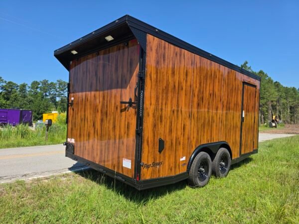 8.5×16 Enclosed Wood Grain Car Hauler for Sale – Ramp Door | 7' Interior | Heavy-Duty Trailer