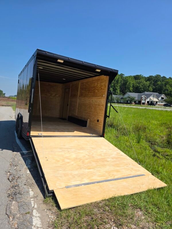 8.5×16 Enclosed Wood Grain Car Hauler for Sale – Ramp Door | 7' Interior | Heavy-Duty Trailer