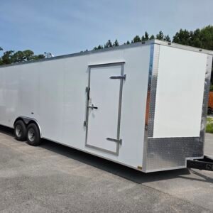 8.5×24 Enclosed Car Hauler for Sale – White | 7' Interior | 5200 lb Axles | Rear Ramp Door