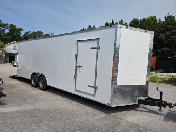 8.5×24 Enclosed Car Hauler for Sale – White | 7' Interior | 5200 lb Axles | Rear Ramp Door