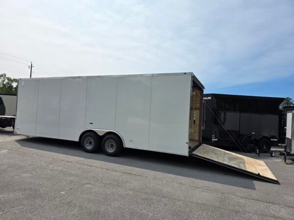 8.5×24 Enclosed Car Hauler for Sale – White | 7' Interior | 5200 lb Axles | Rear Ramp Door