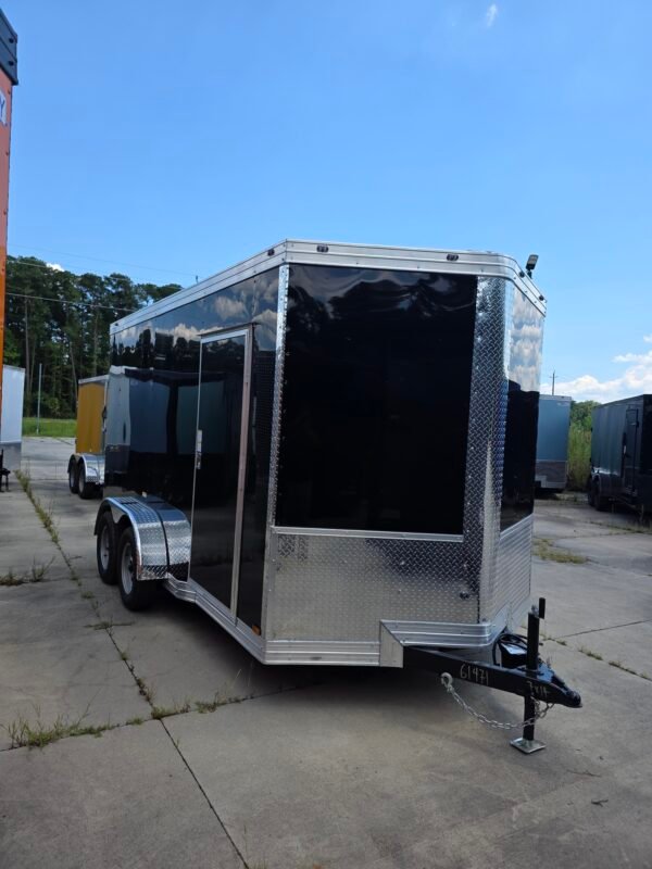 7×14 Enclosed Cargo Trailer for Sale – Black | Rear Ramp Door | 3500 lb Tandem Axles | 7' Interior